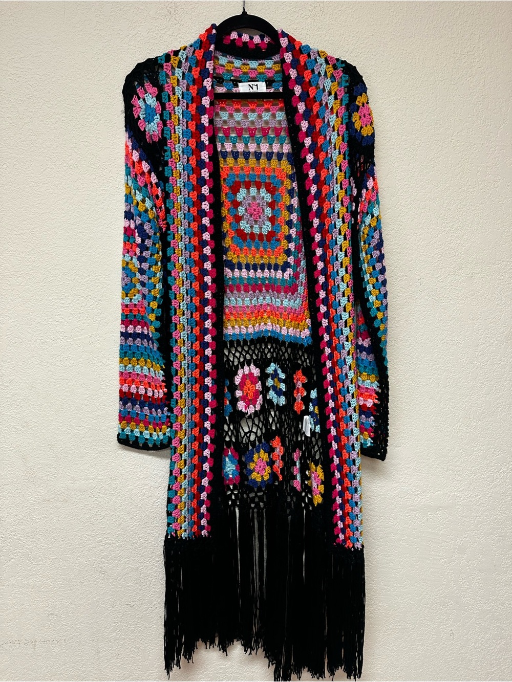 Boho N1 Los Angeles Multicolor Crochet Fringe Cardigan - Black Trim size M